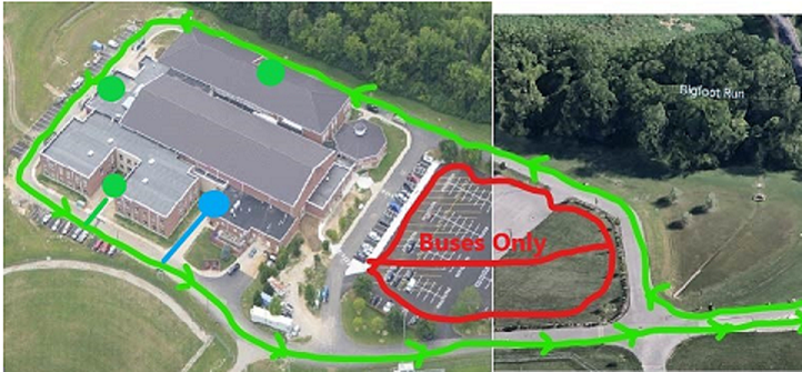 aerial map of LMMS with green arrows directing traffic flow